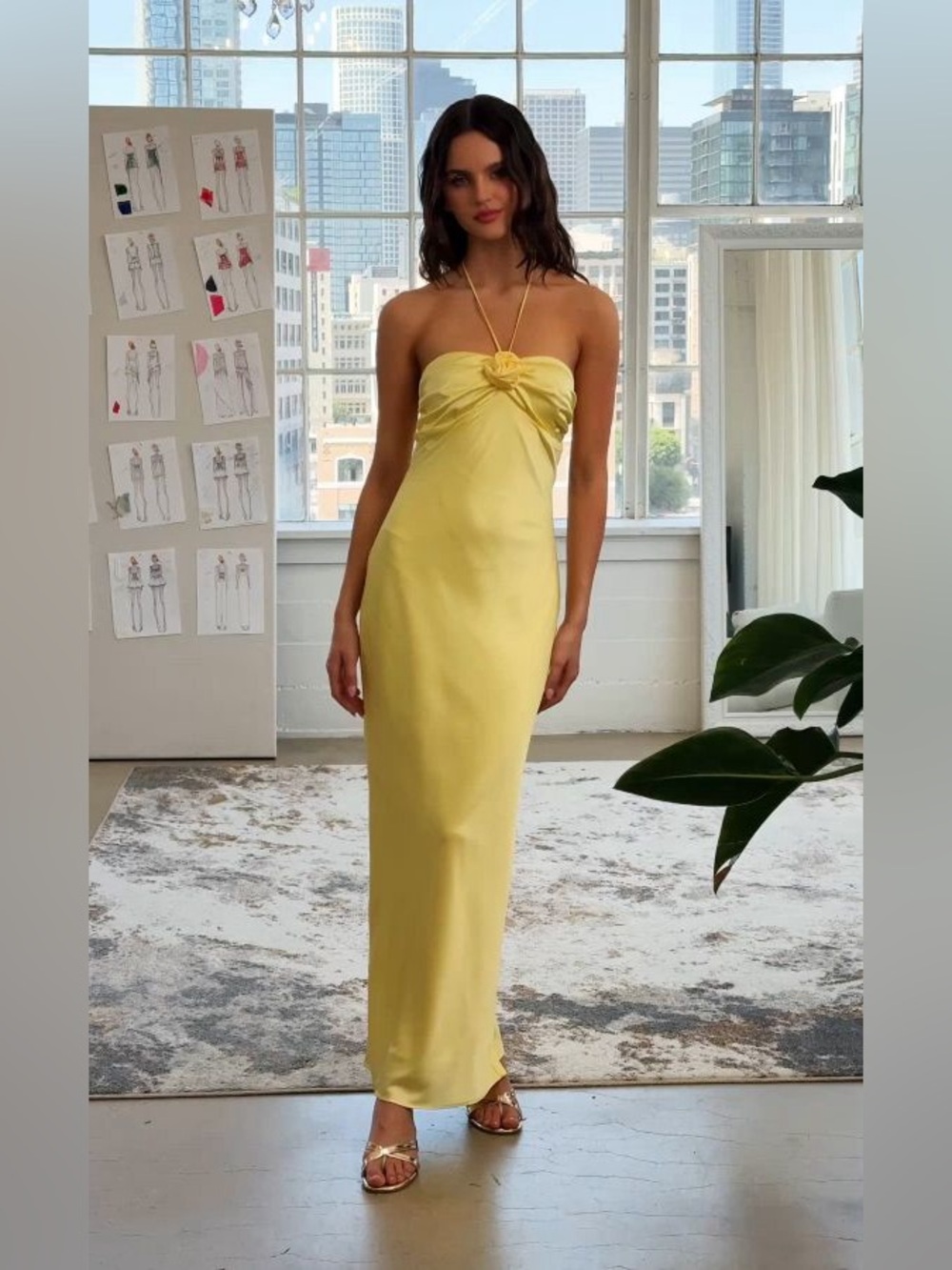 Lucy in the sky Satin Halter Flower Maxi Dress in Yellow